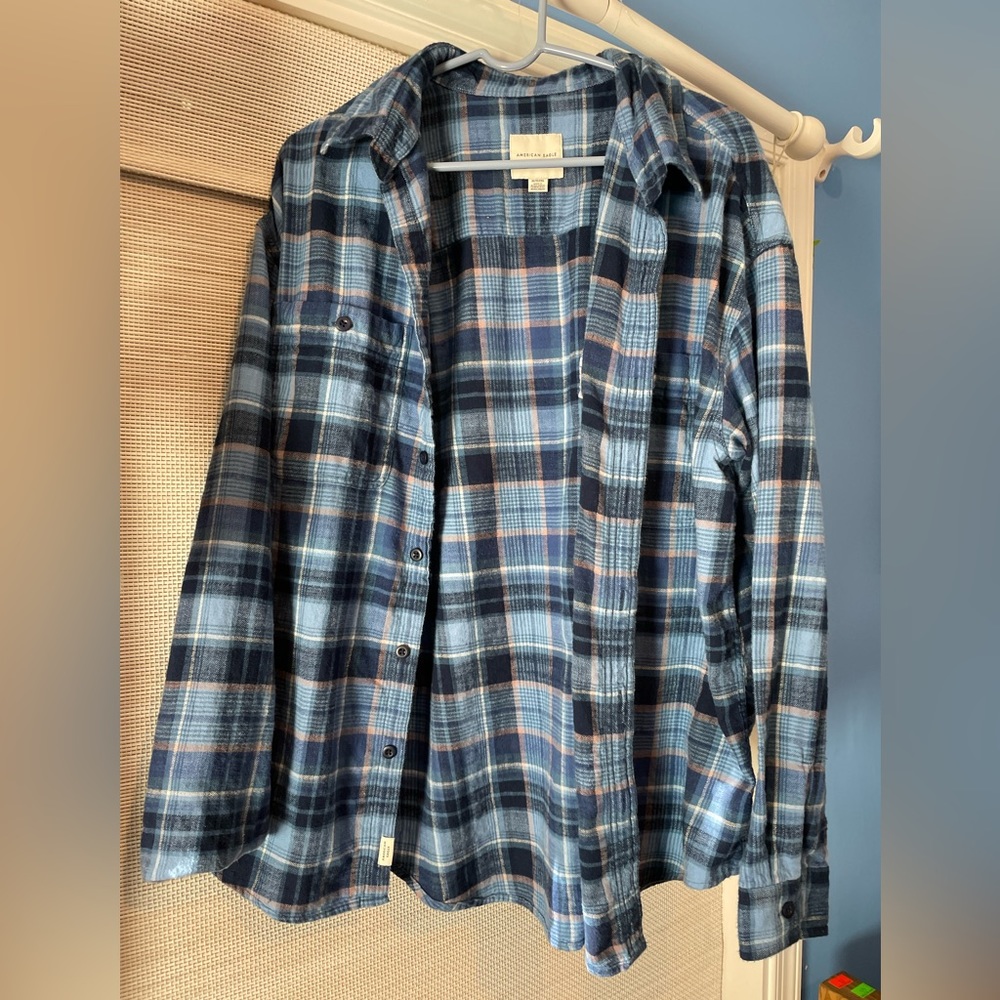 XL American Eagle Flannel with Removable Hood Plus Size Blue and White